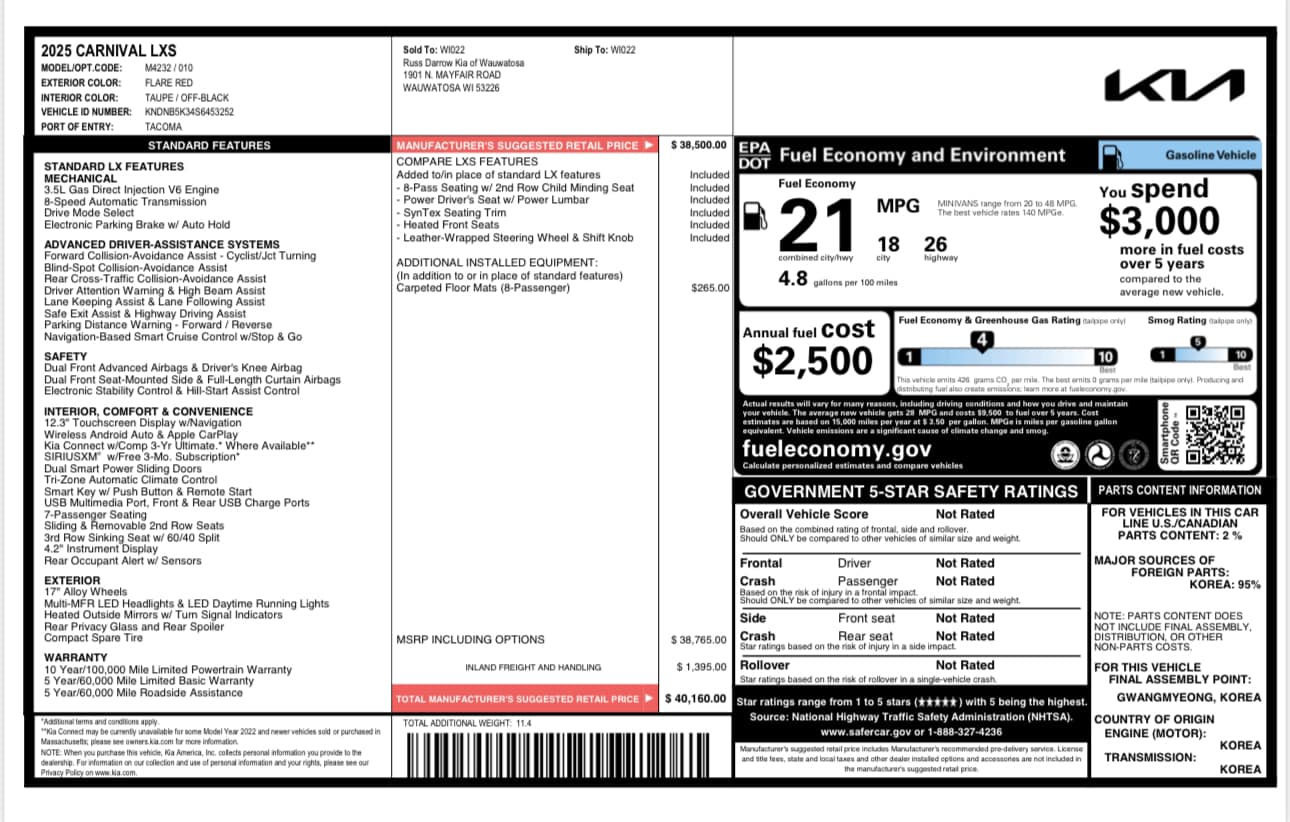 2025 Kia Carnival - LXS Trim - Flare Red with Taupe Off-Black Interior - 