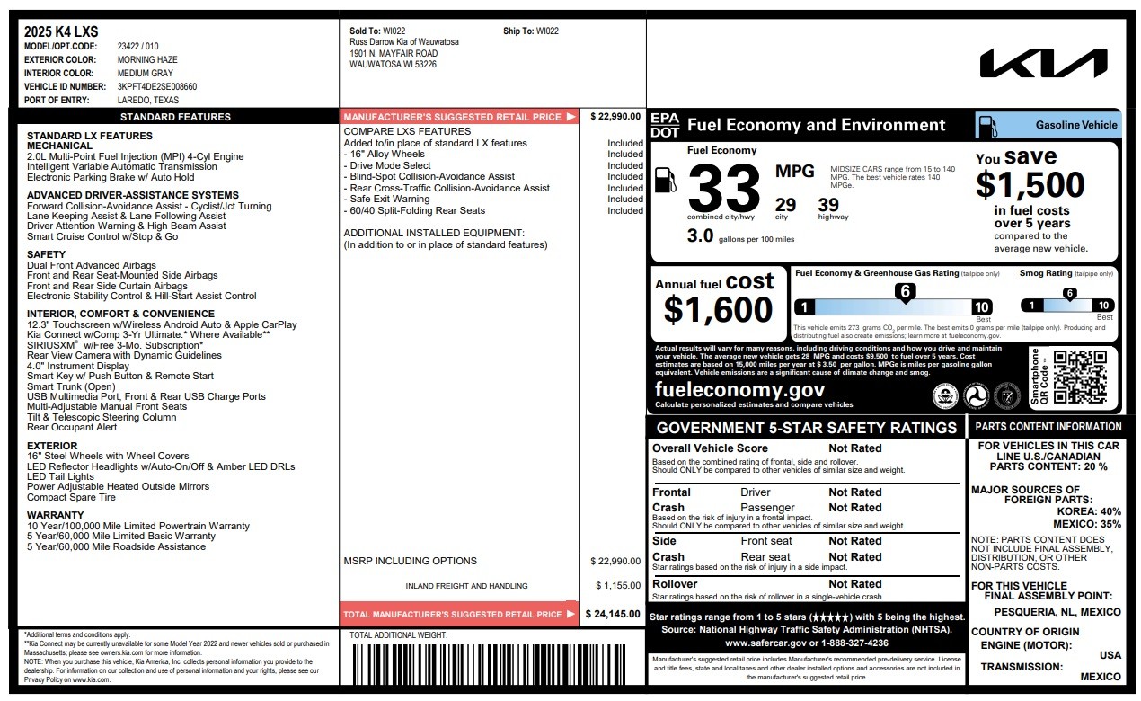 2025 Kia Carnival - LXS Trim - Morning Haze with Medium Gray Interior - 