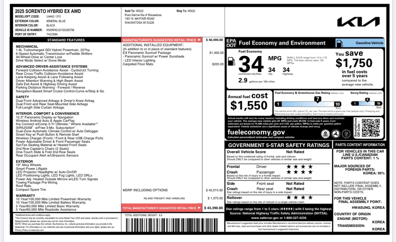 2025 Kia Sorento HEV Hybrid - Mineral Blue - EX Hybrid AWD Trim - 